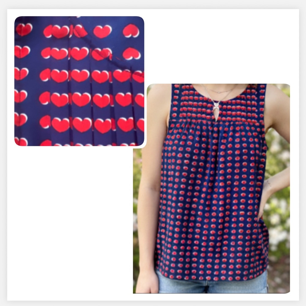 Kenar Soft girl whimsy Blue and Red Heart print sleeveless top